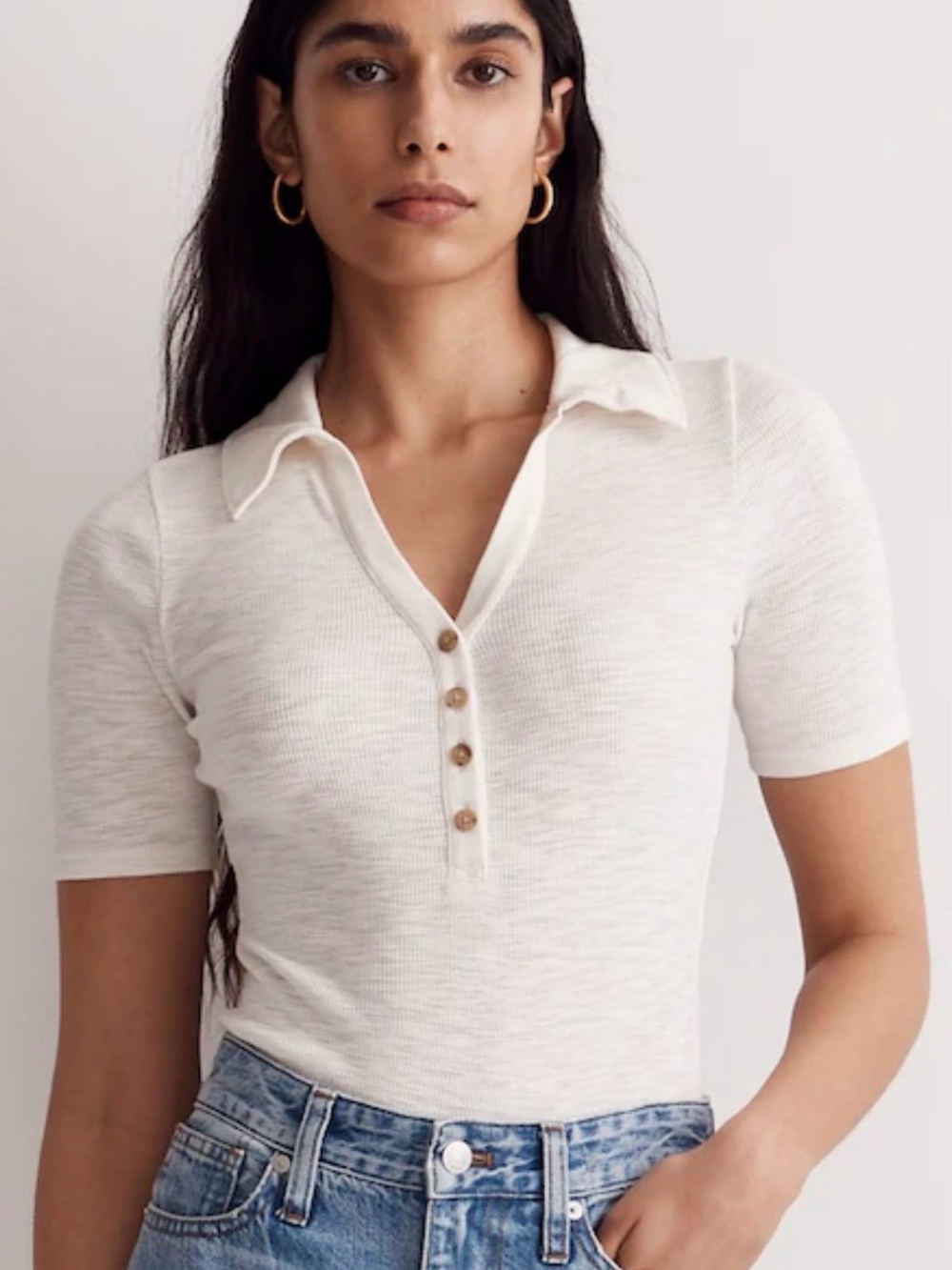 Madewell Cream Ribbed Short-Sleeve Henley Polo